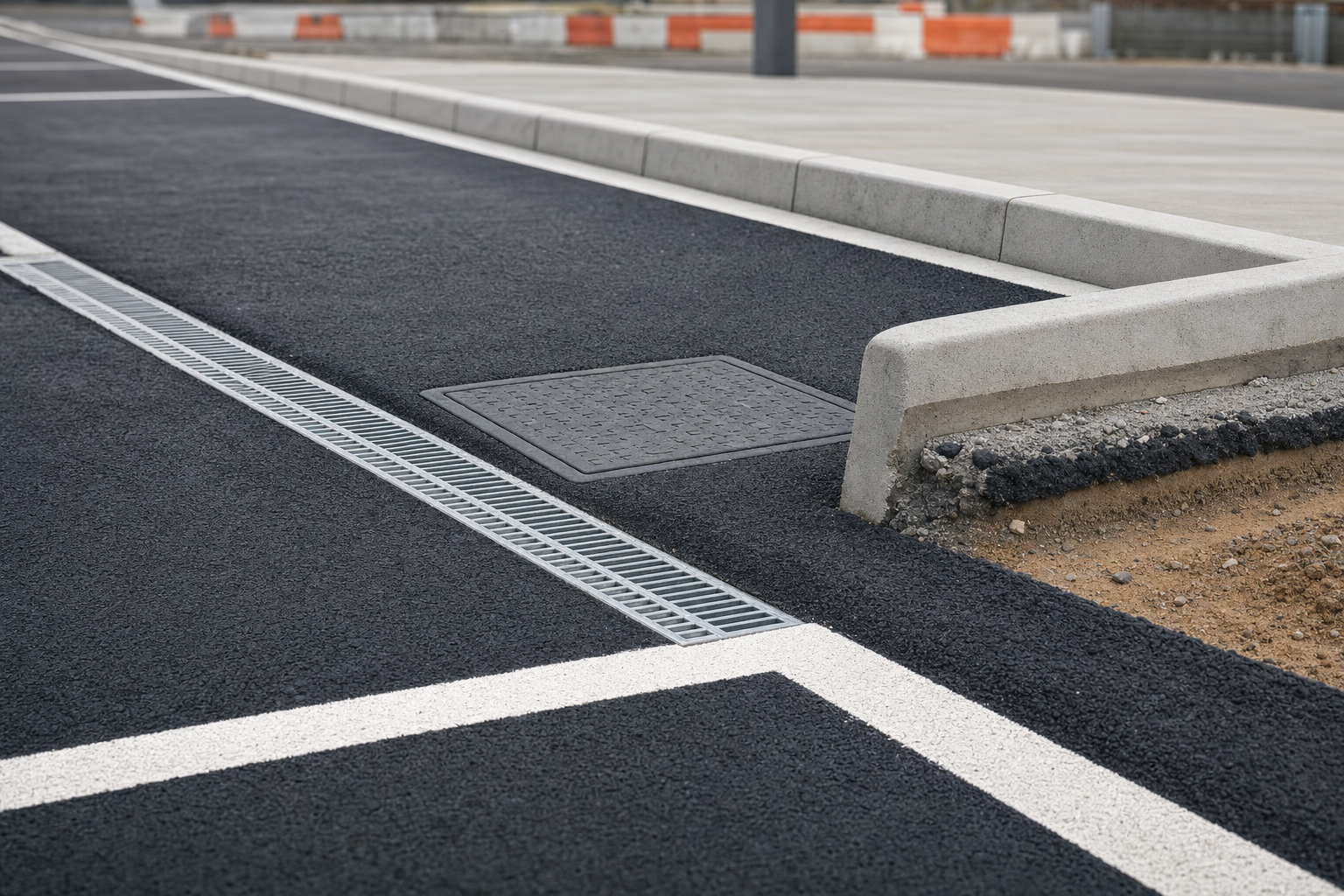 Newly paved tarmac with a drain cover, kerb, and exposed earth section in a construction area.