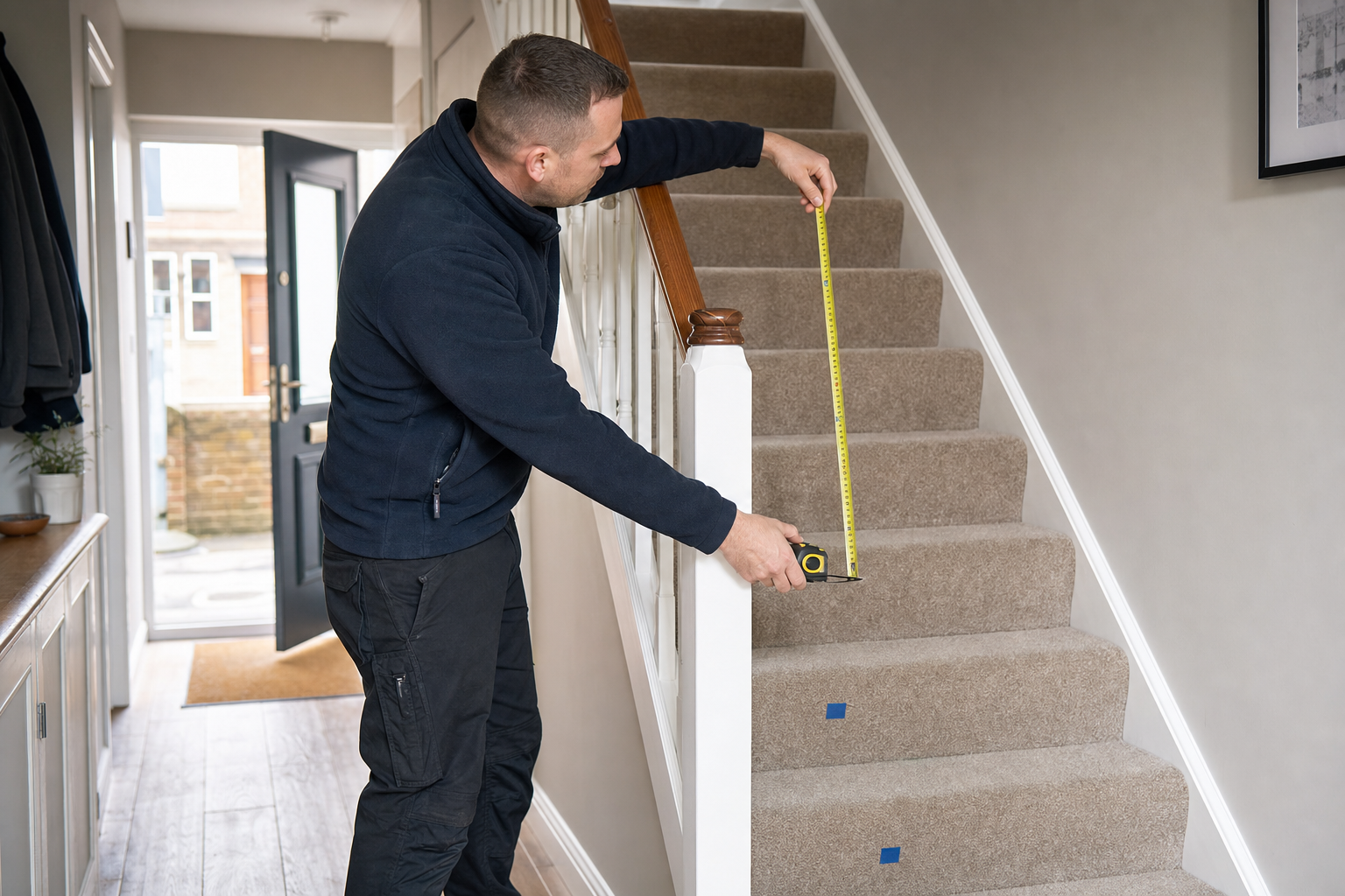 A man measures the height of a carpeted staircase using a tape measure in a well-lit hallway.