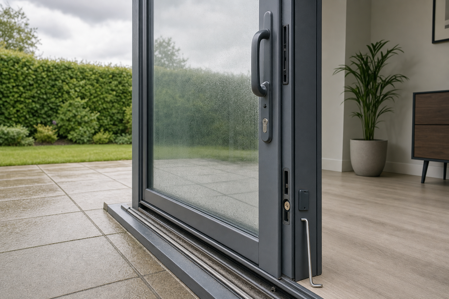 Sliding glass door opens to a patio with wet tiles, overlooking a lush garden under an overcast sky.