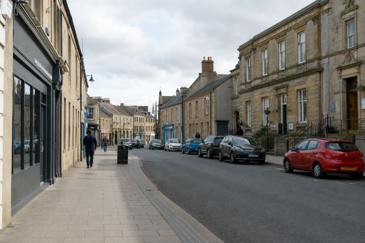 Quaint British street lined with historic stone buildings, parked cars, and several people walking on the pavement.