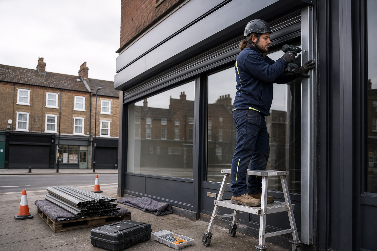 A worker uses a drill to install a metal frame on a storefront from a step ladder.