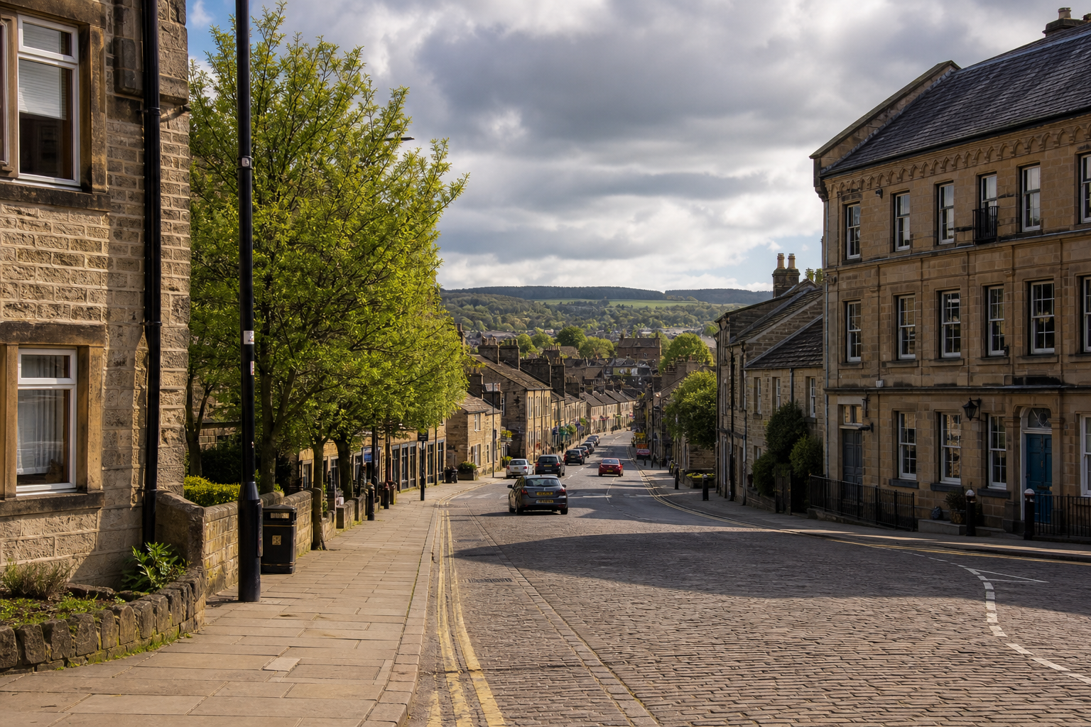 A cobblestone street lined with buildings and leafy trees leads to a distant hilly landscape under a cloudy sky.