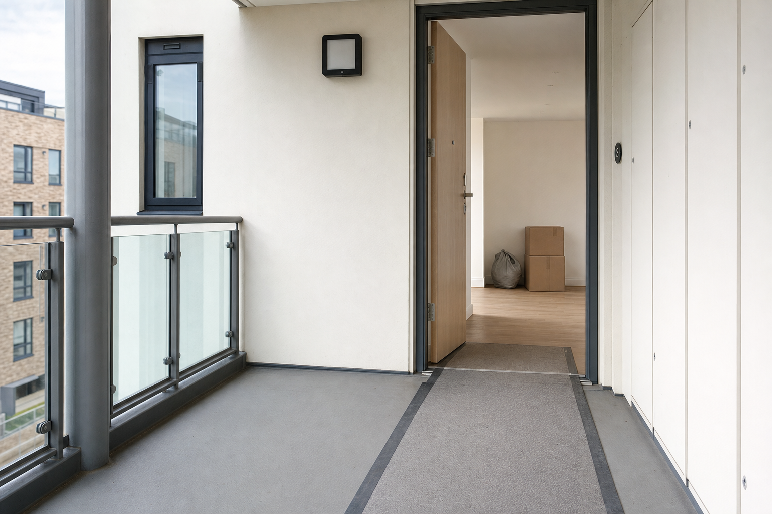 Open hallway door leading into a room with cardboard boxes and a bag on a wooden floor, viewed from a balcony.