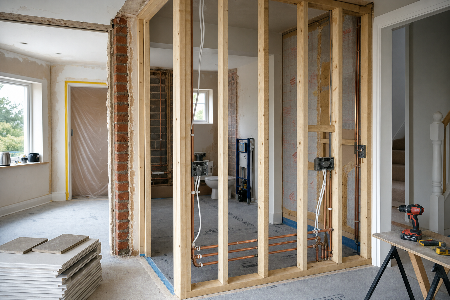 Room under renovation with exposed wooden framing, plumbing, wiring, and construction tools.