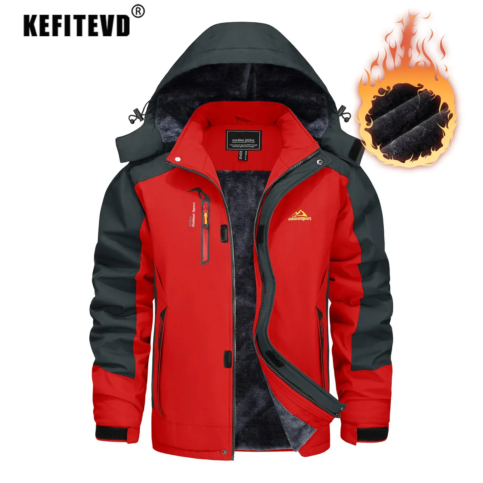 KEFITEVD Men's Winter Hiking Jacket Waterproof Thick Fleece Warm Snow