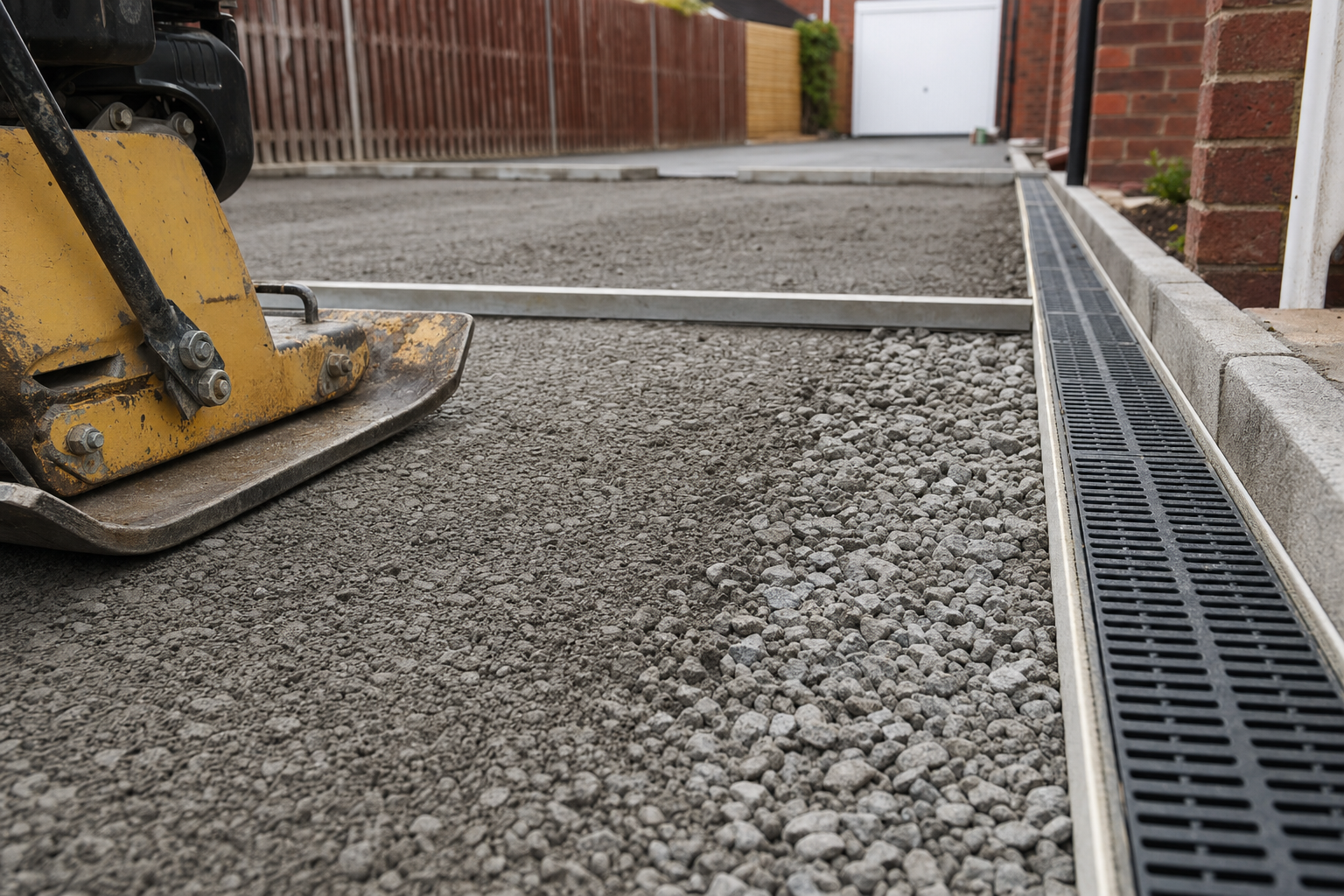 Close-up of a yellow compactor on a gravel driveway, next to a drainage channel.