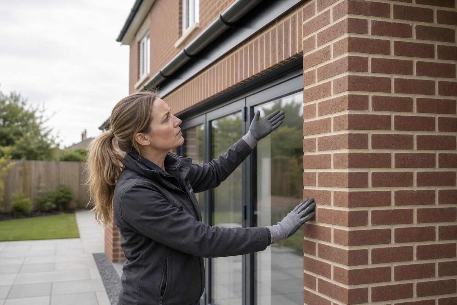 A woman in a dark jacket examines the brickwork on a modern house with a patio in the background.
