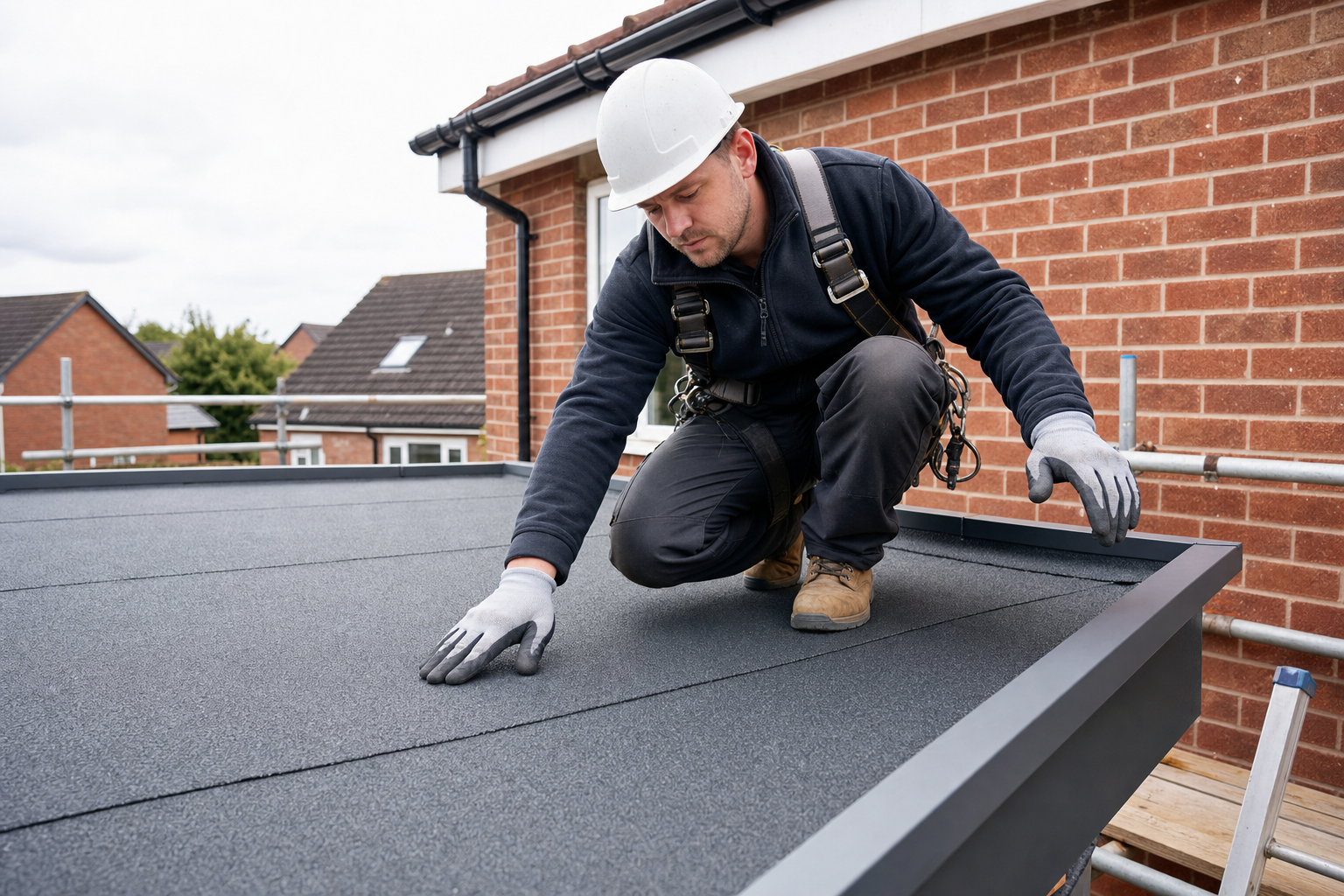 Roofer in protective gear applying material on a flat roof outside a brick house.
