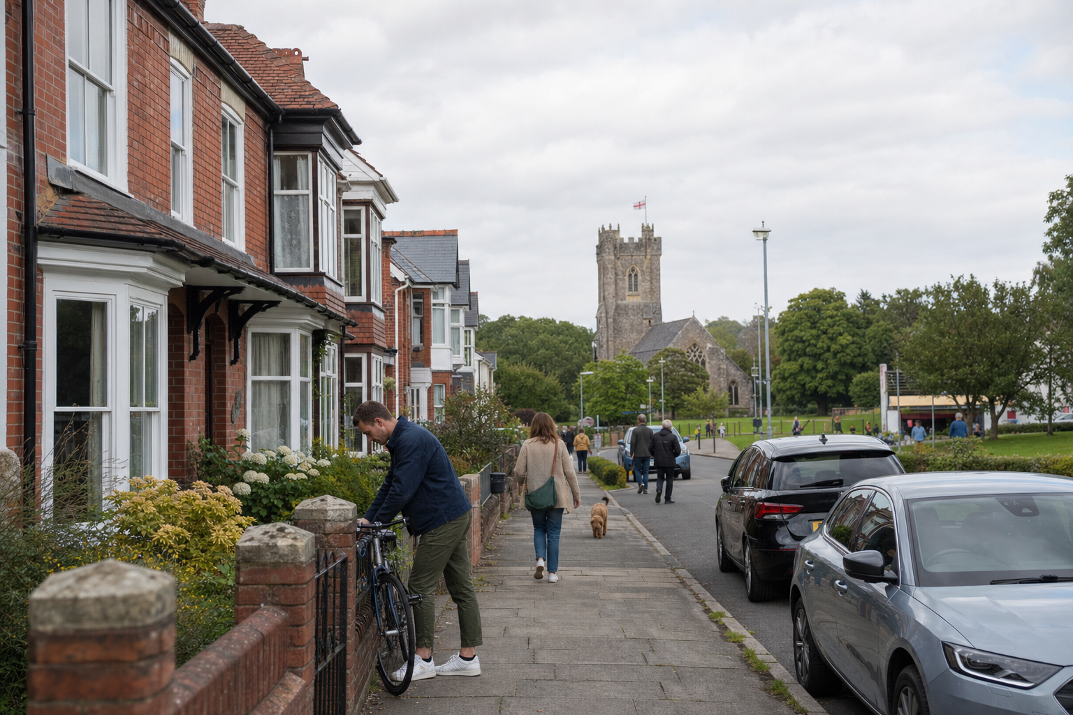 A man leans on his bicycle on a residential street with a church in the background.