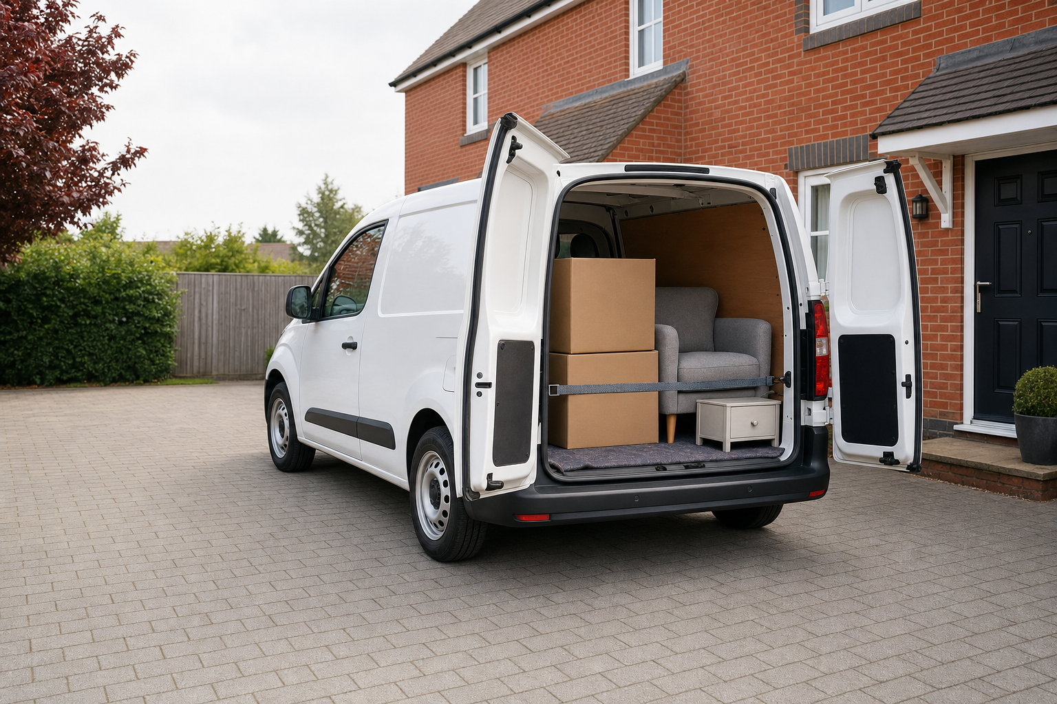 A white van parked on a driveway with its rear doors open, revealing furniture and cardboard boxes inside.