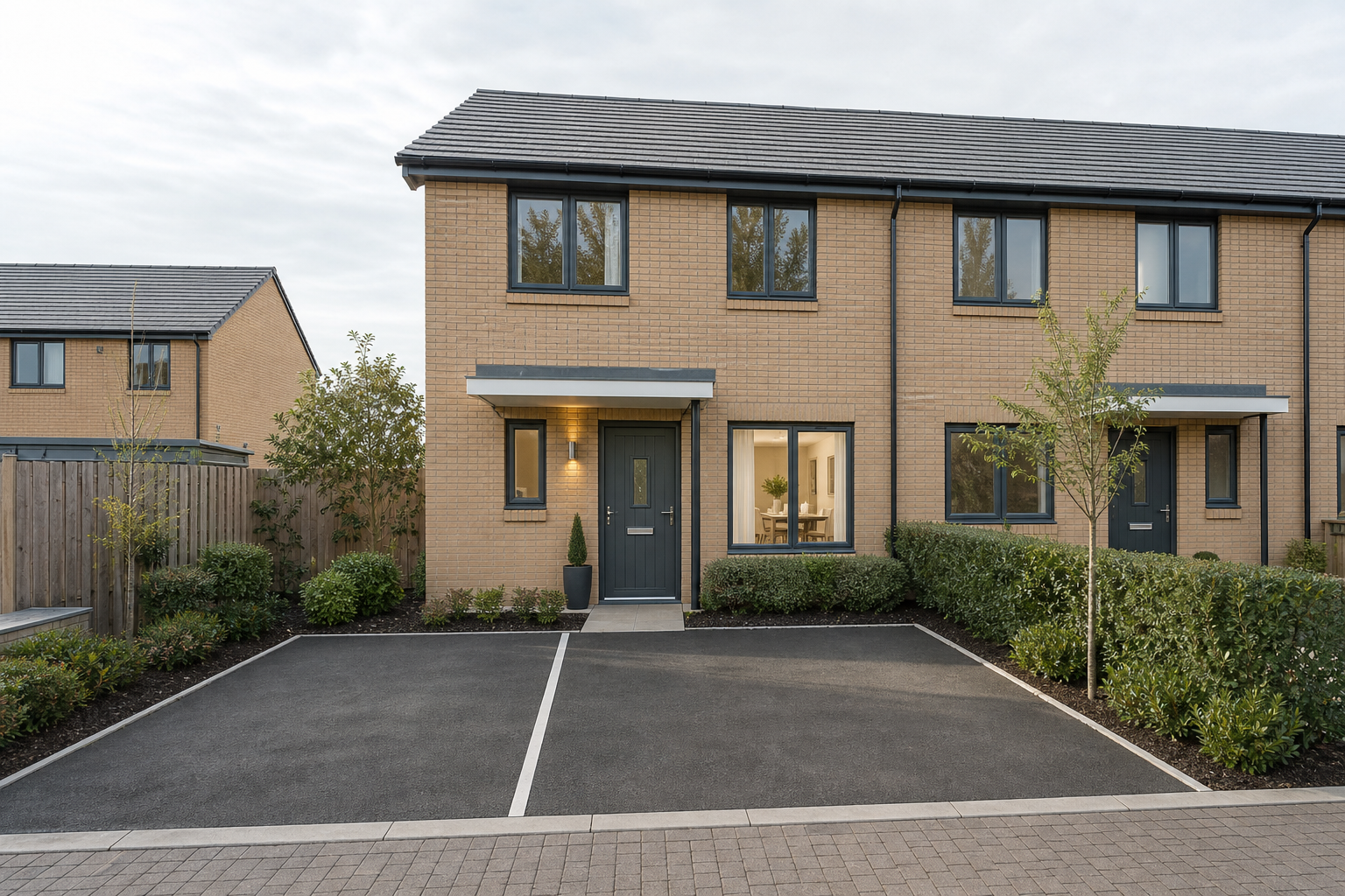 Modern semi-detached brick house with a driveway, garden, and illuminated front door at dusk.