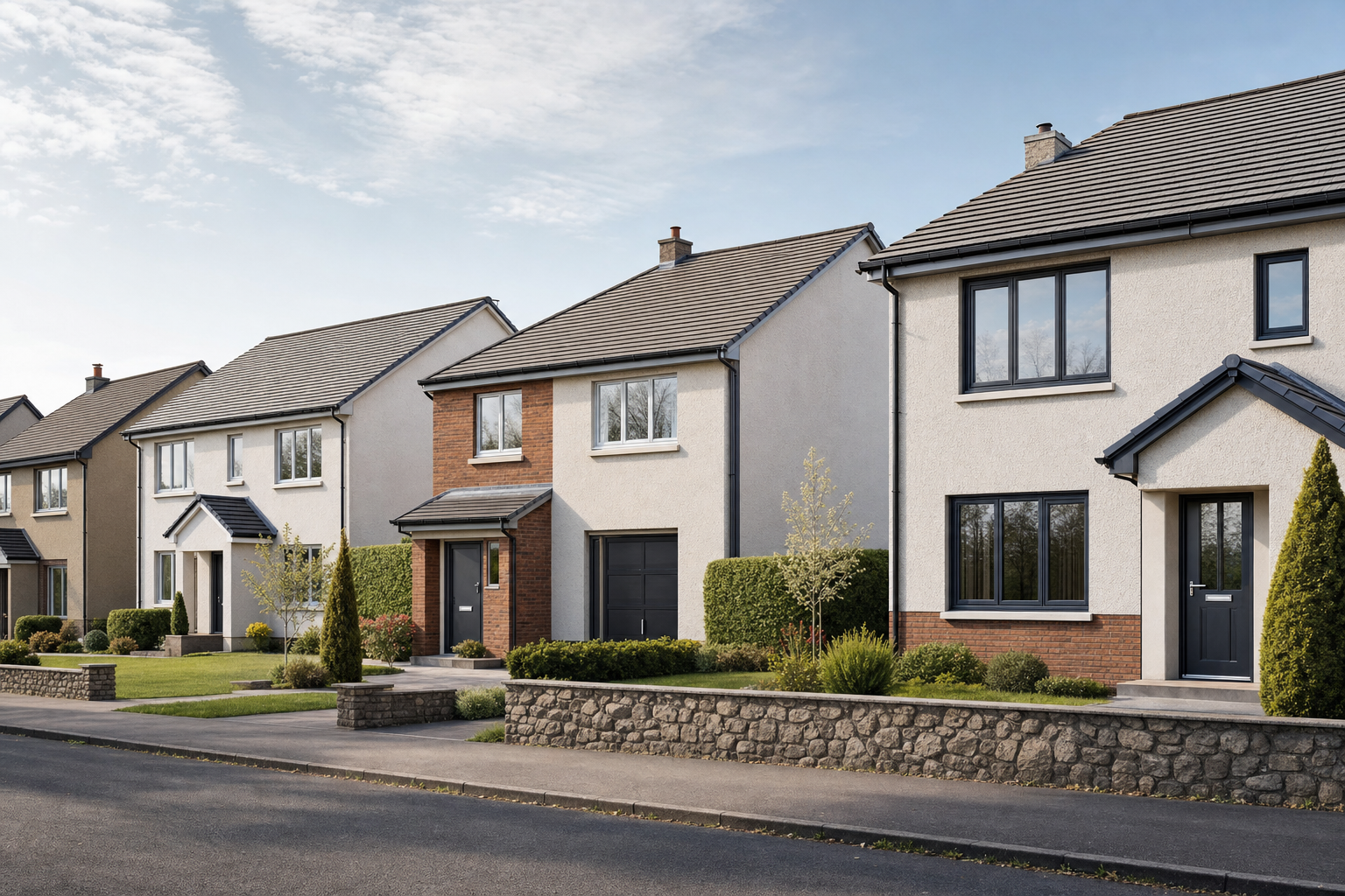 A row of modern detached houses with neat gardens under a clear sky.