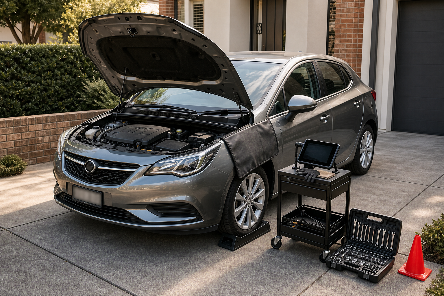 Car with open hood on a driveway, surrounded by tools and a tablet on a cart.