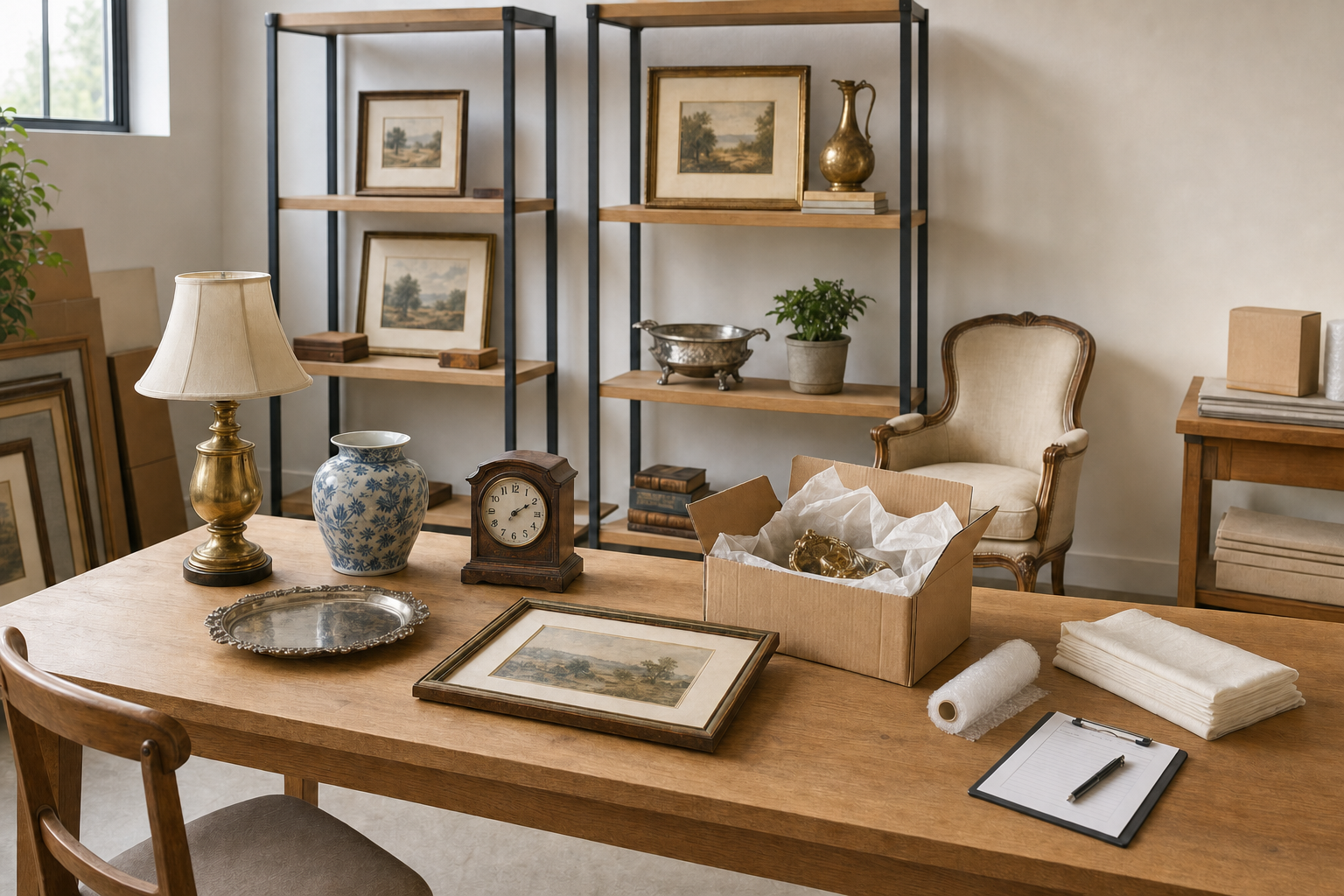 Antiques and framed artwork displayed on a wooden table and shelves in an elegantly furnished room.