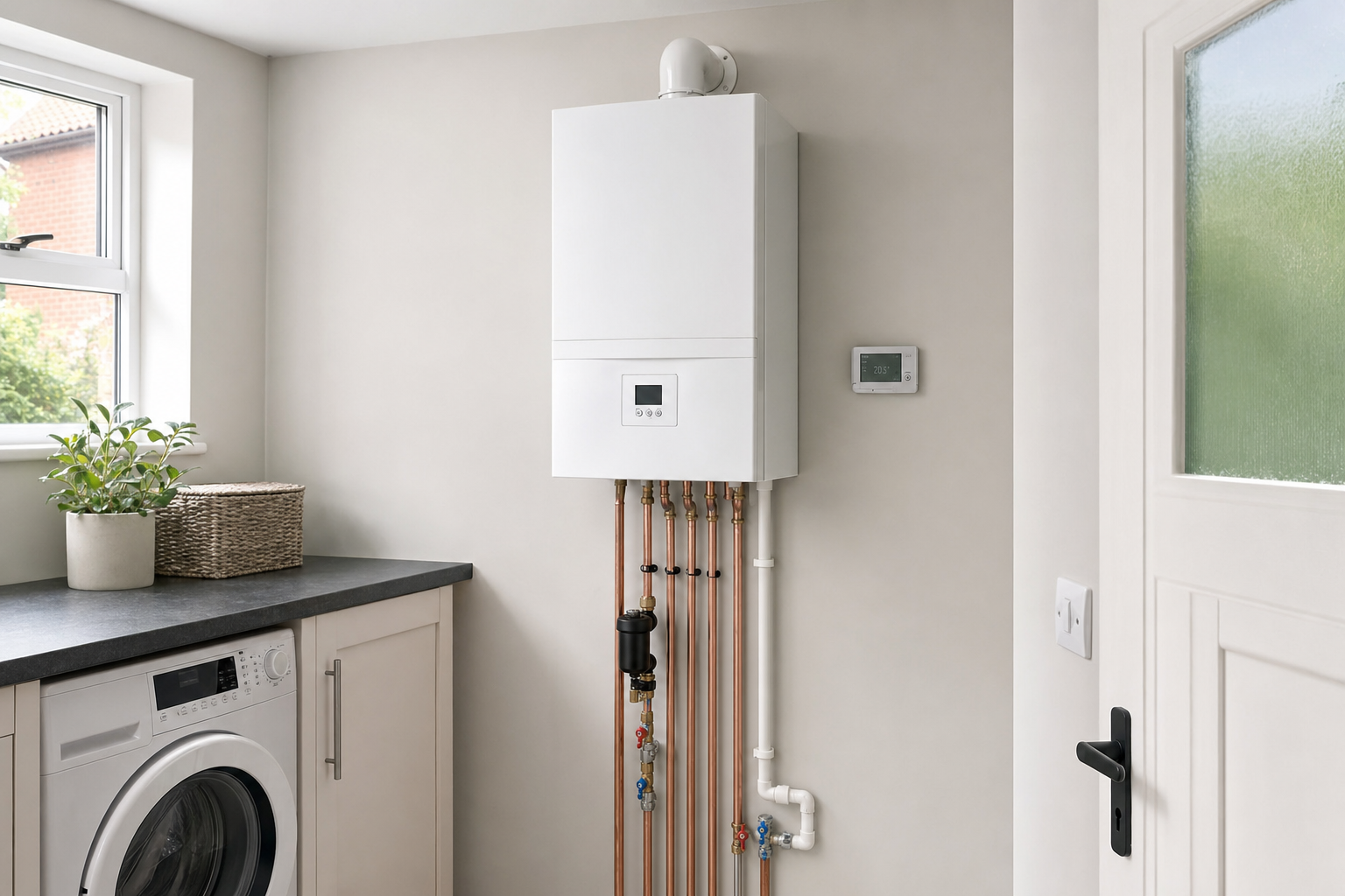 Modern boiler mounted on a kitchen wall with visible copper pipes and a digital thermostat nearby.