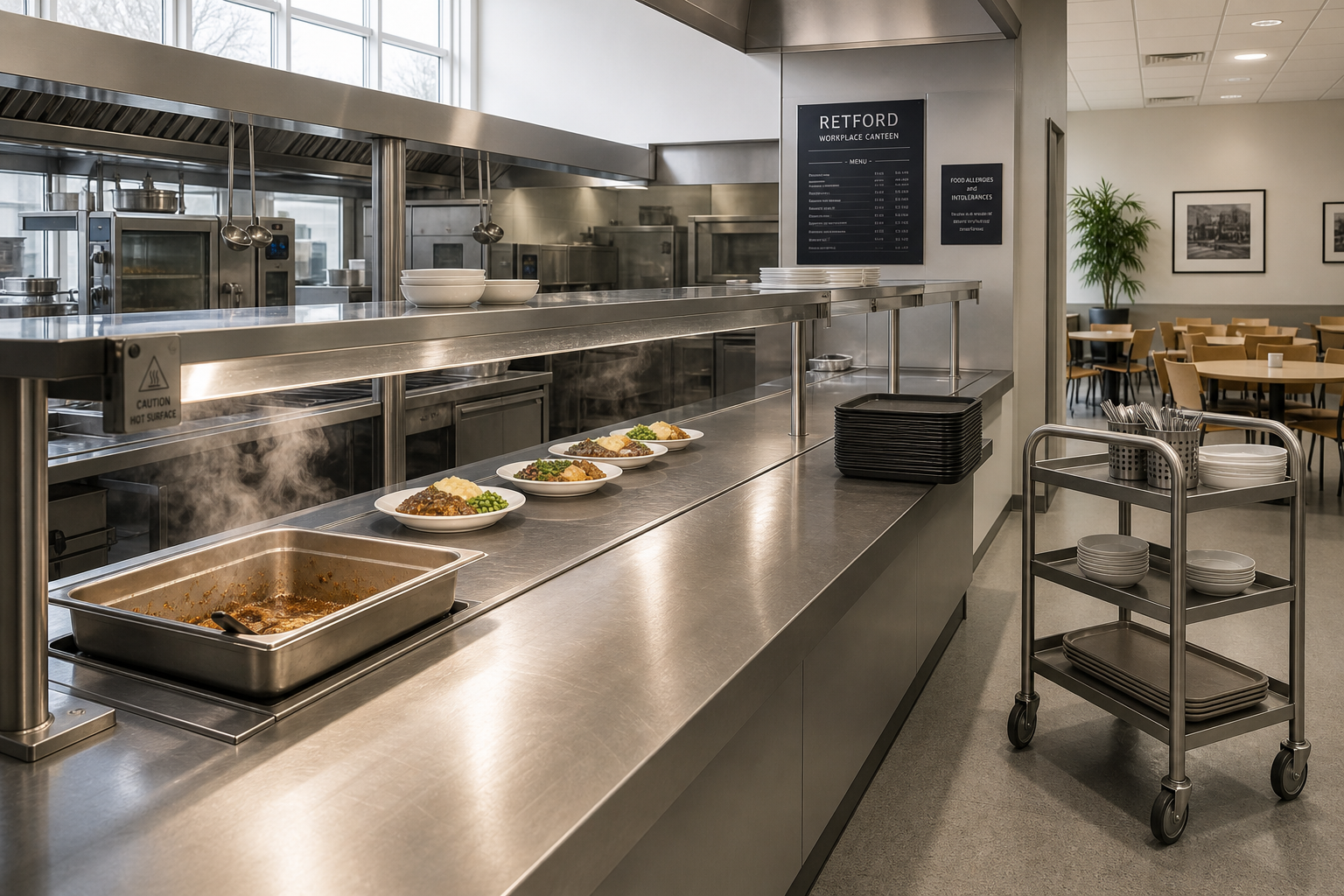Workplace canteen with plated meals on a serving counter and tables set up for dining in the background.
