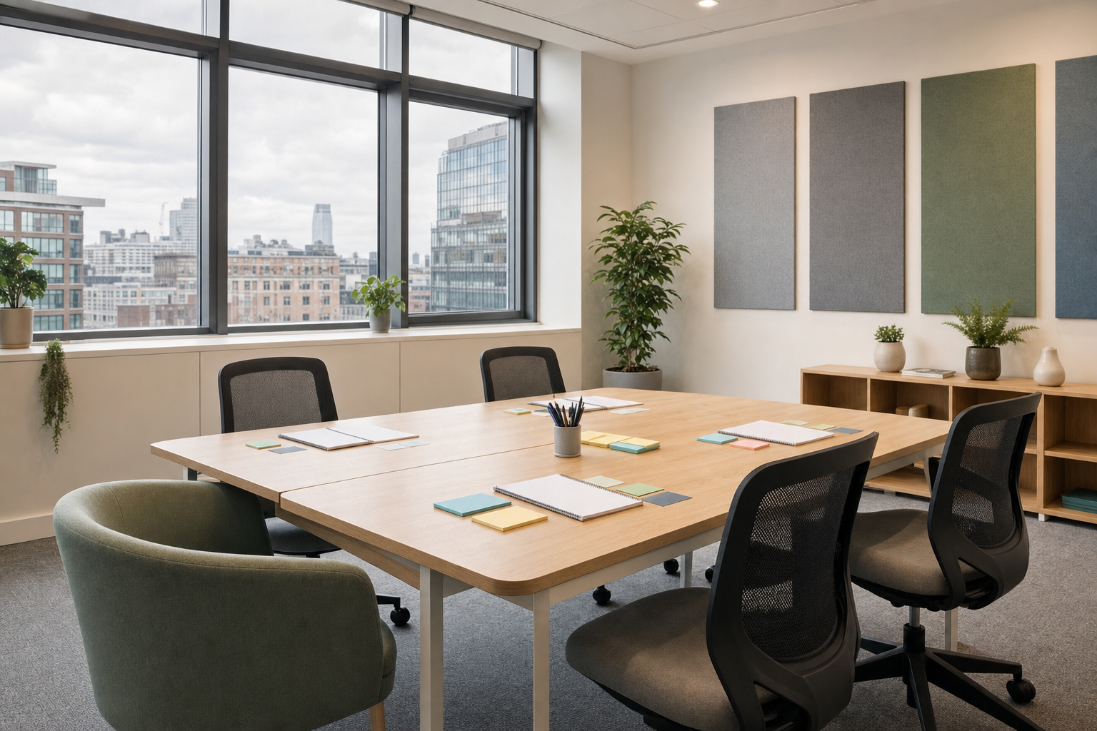 Modern office meeting room with large windows, a wooden table, chairs, notebooks, and plants, overlooking a cityscape.