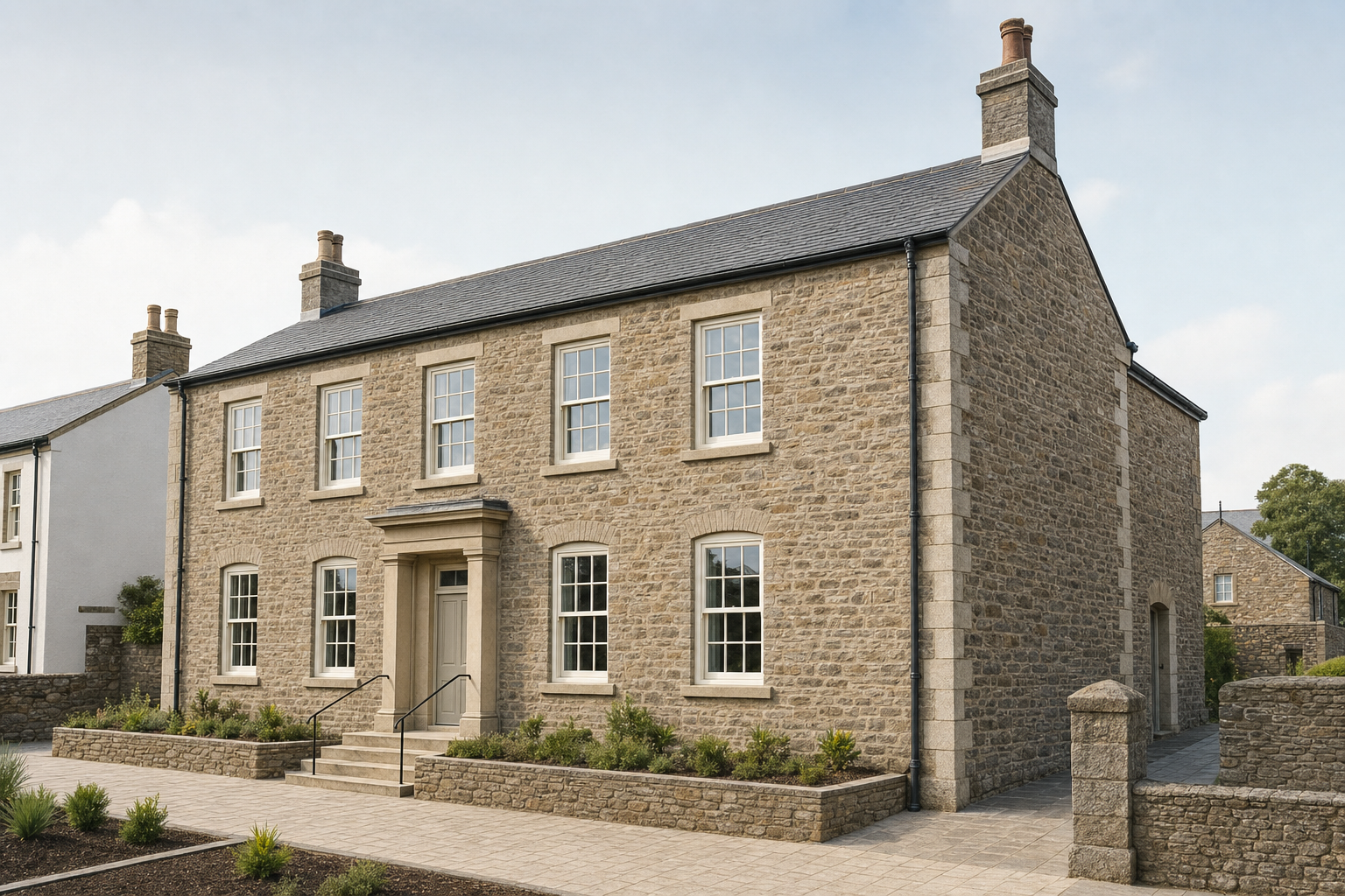 A traditional stone house with symmetrical windows, a central doorway, and a small front garden.
