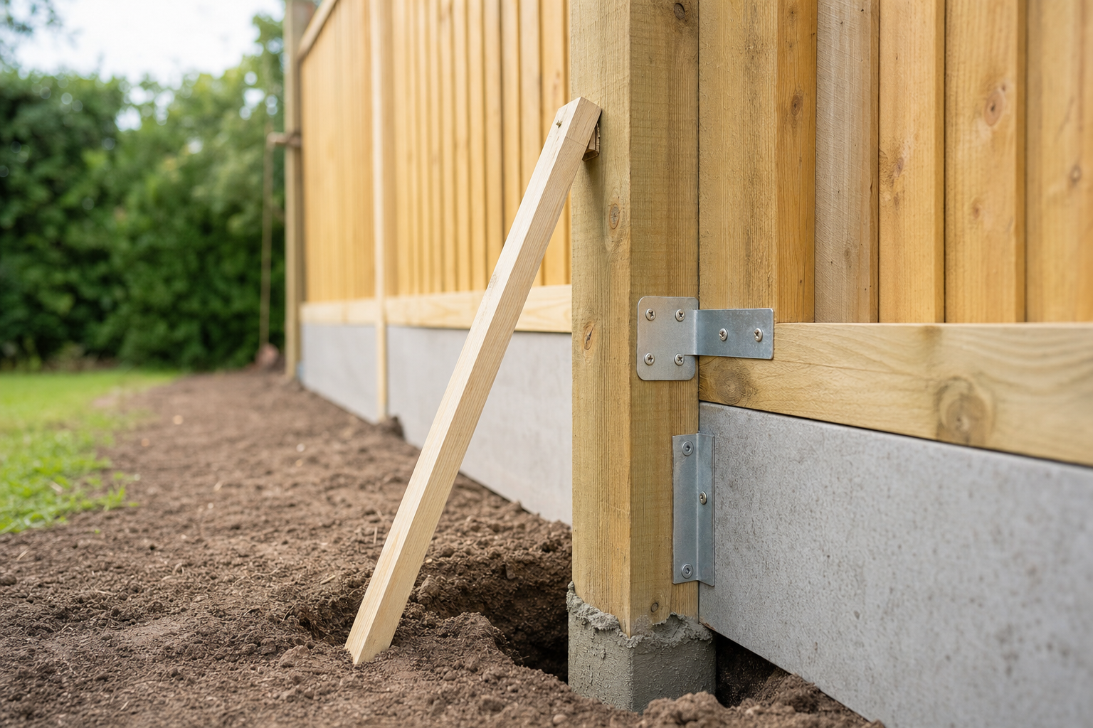 Wooden garden fence panel supported by a diagonal wooden brace, set on a concrete foundation.