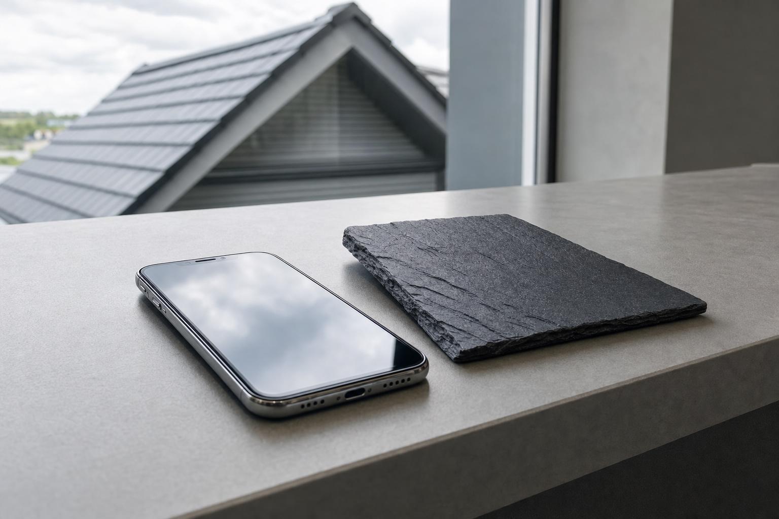Smartphone and slate tile on a windowsill with a sloped roof visible outside.