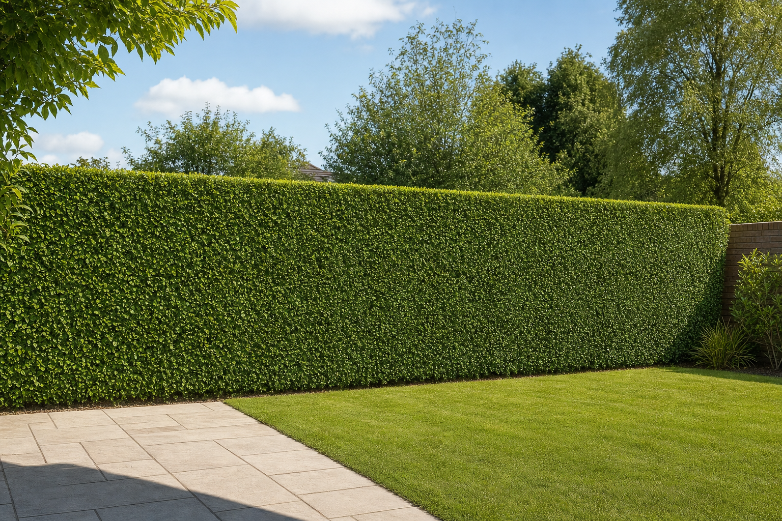 A neatly trimmed hedge borders a sunlit garden with a grass lawn and stone patio.