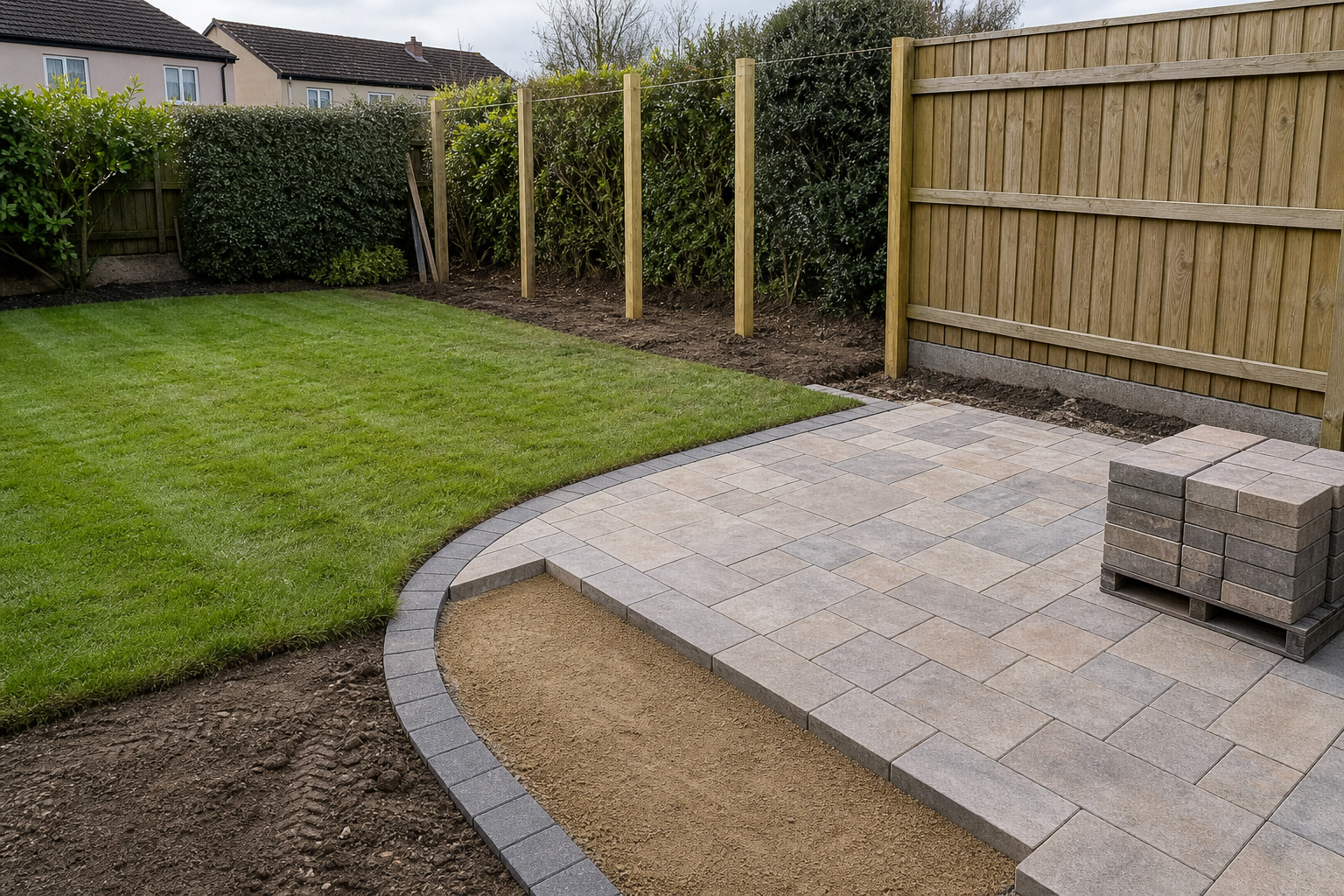 Garden with new patio, fresh turf, and a wooden fence border, featuring a stack of paving stones.