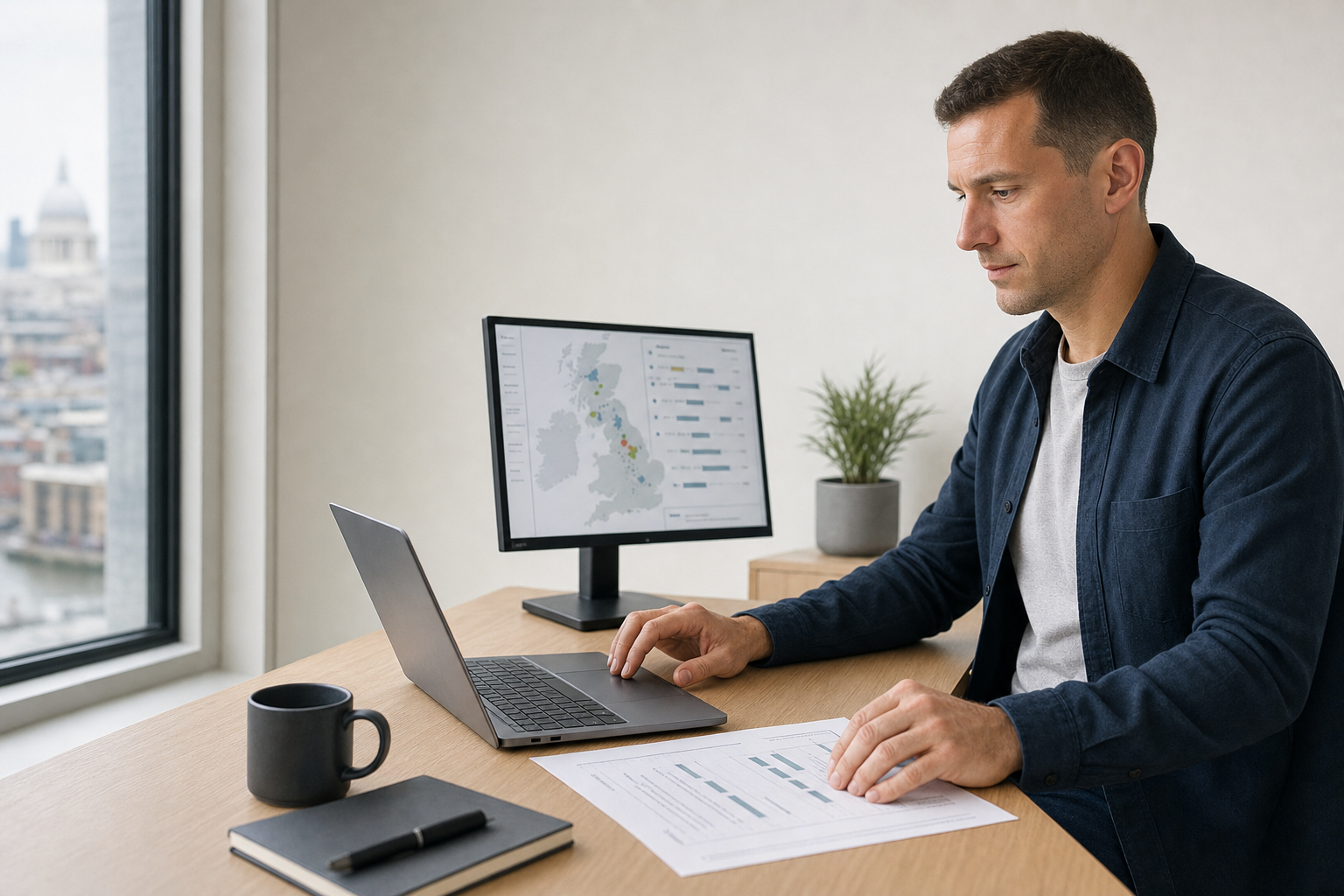 Man working at a desk with a laptop and monitor displaying data charts, with a cityscape visible through the window.