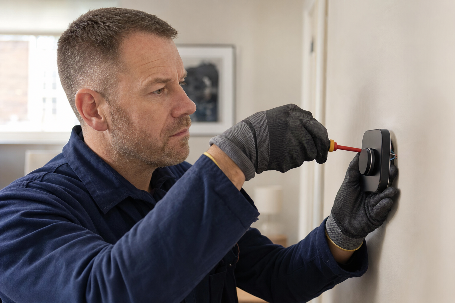 A man in workwear gloves uses a screwdriver to install or adjust a smart thermostat on a wall.