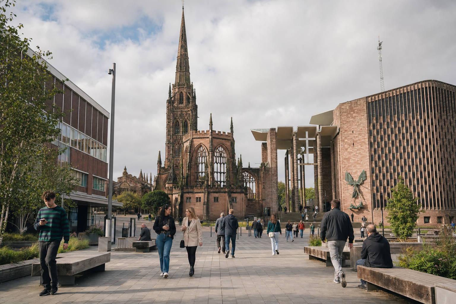 People walk near Coventry Cathedral under a cloudy sky.