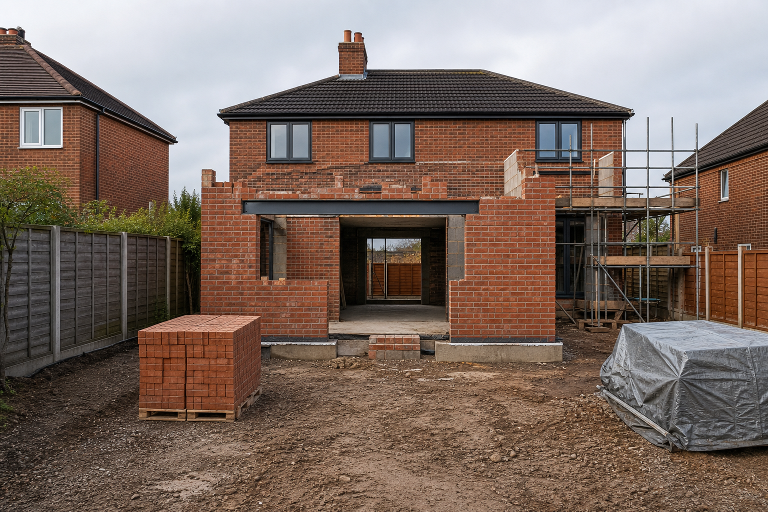 A semi-detached brick house under extension with scaffolding and building materials in the garden.