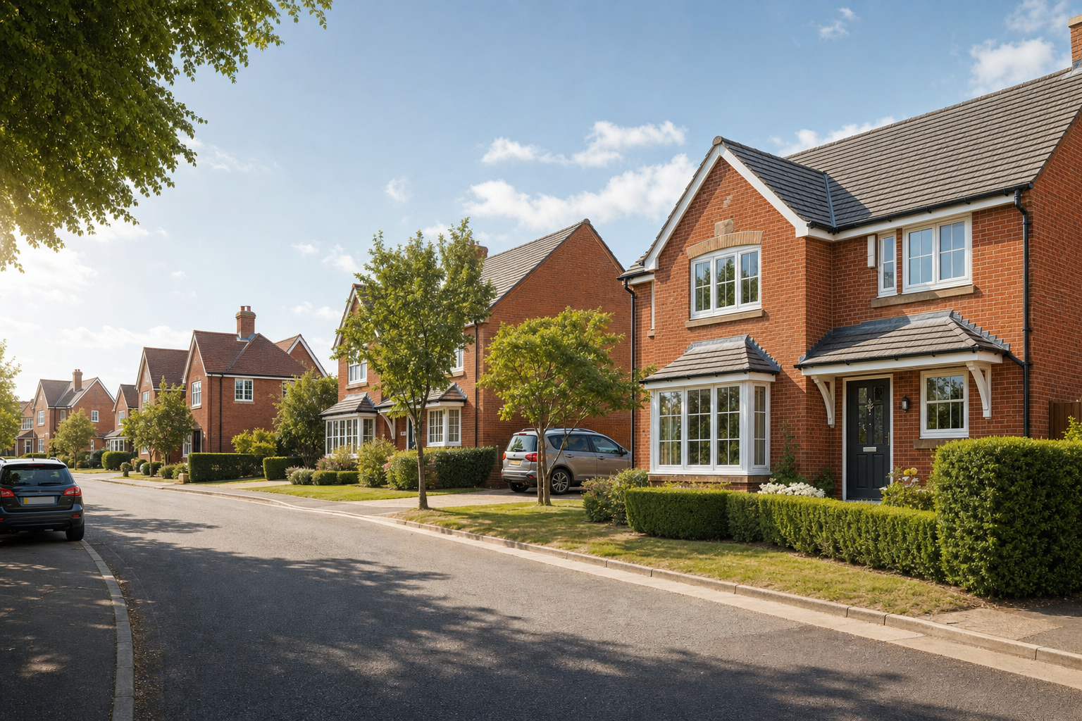 A row of modern detached brick houses with well-kept gardens on a sunny suburban street.