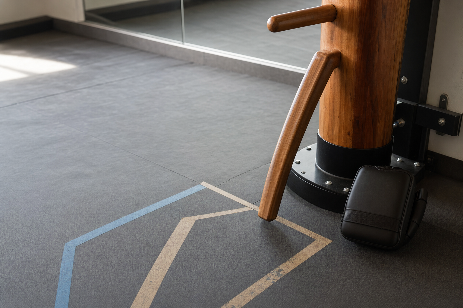 A wooden martial arts training dummy in a gym, with a punching pad resting against its base.
