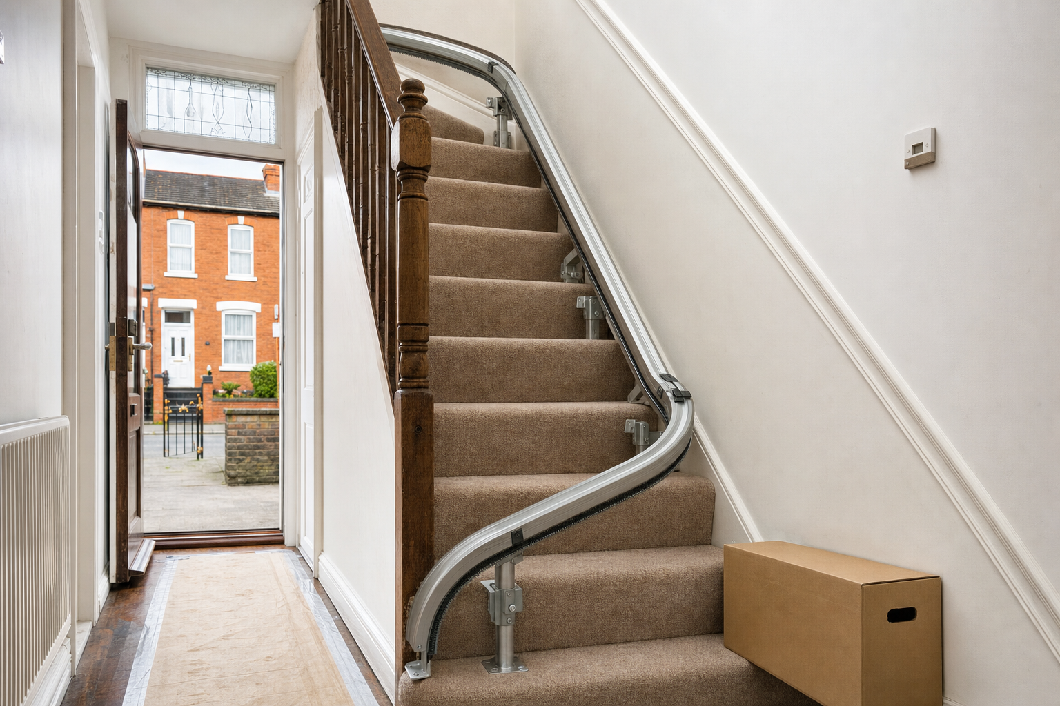 A hallway with a stairlift rail along the carpeted staircase and an open front door revealing terraced houses outside.