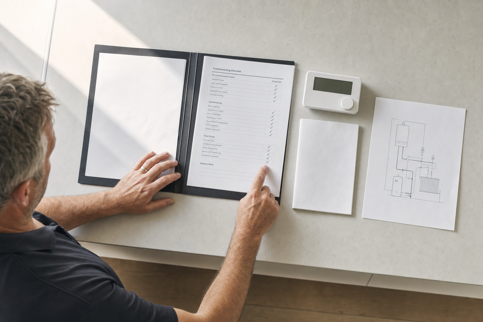 Man reviewing a commissioning checklist folder with a thermostat and technical diagram on a table.