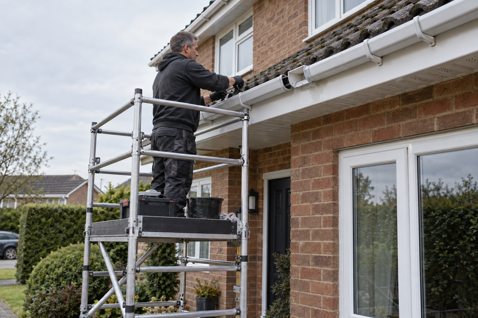 Worker standing on scaffold repairing guttering on a brick house.