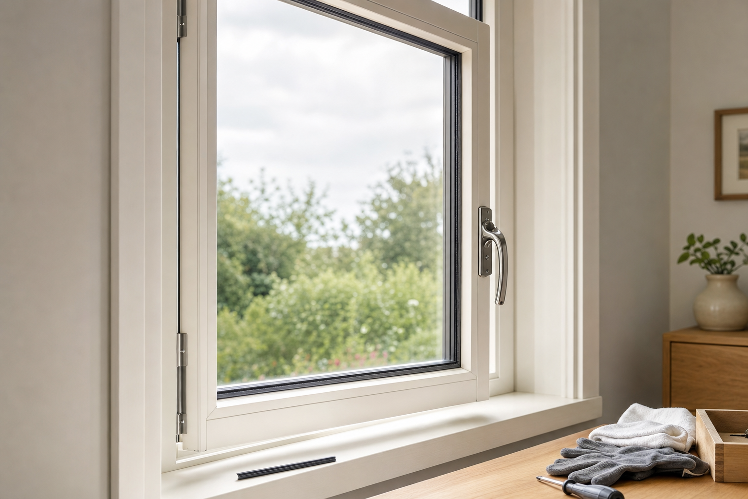 Open window with a view of greenery, tools and gloves on the windowsill.