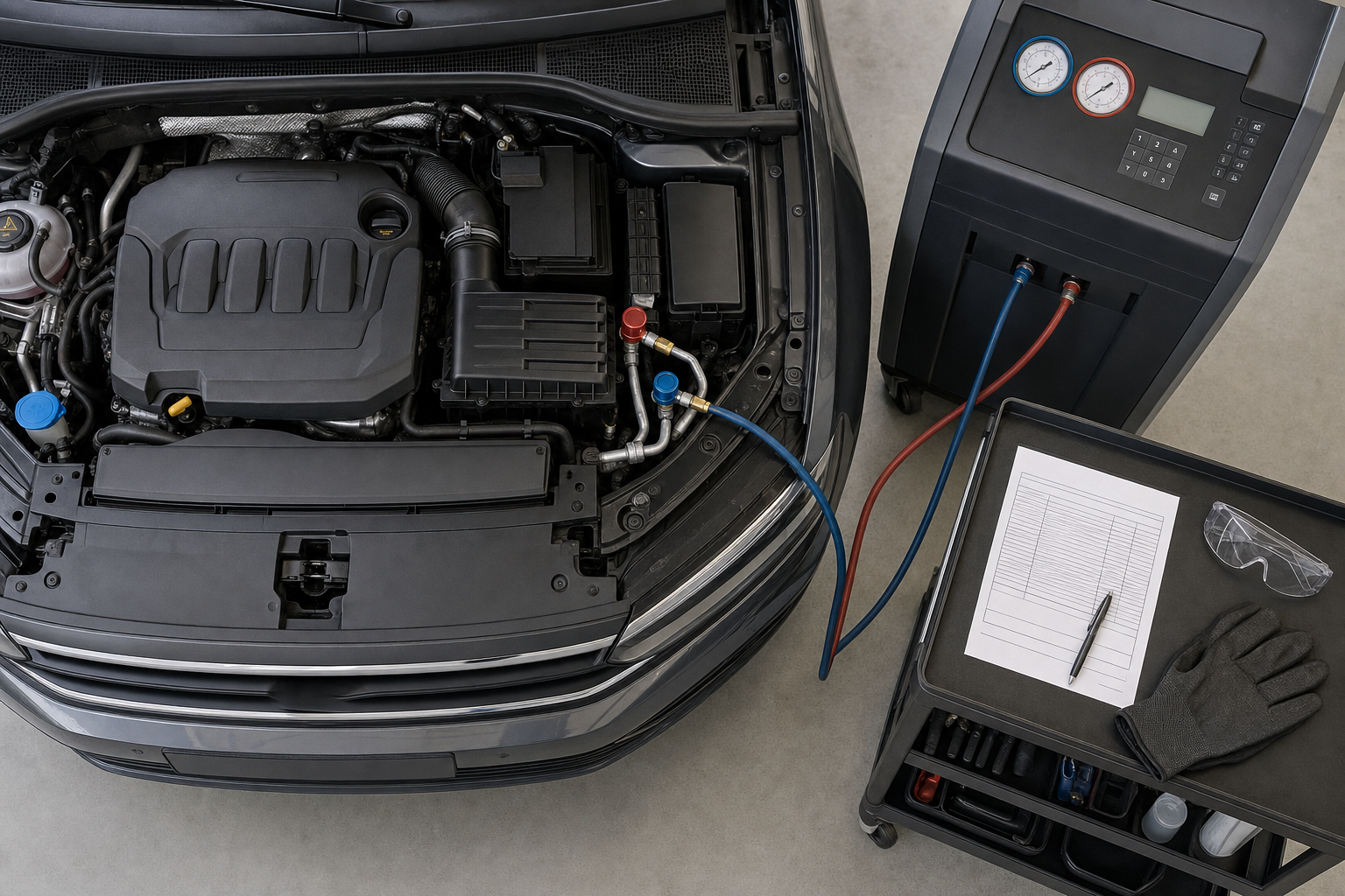 Car engine with connected diagnostic gauges and a nearby tool trolley with a checklist, gloves, and protective glasses.