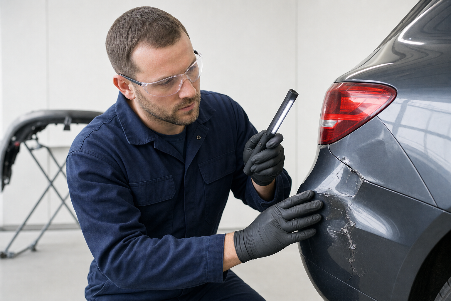 Mechanic inspecting a scratched car bumper with a flashlight while wearing safety glasses and gloves.