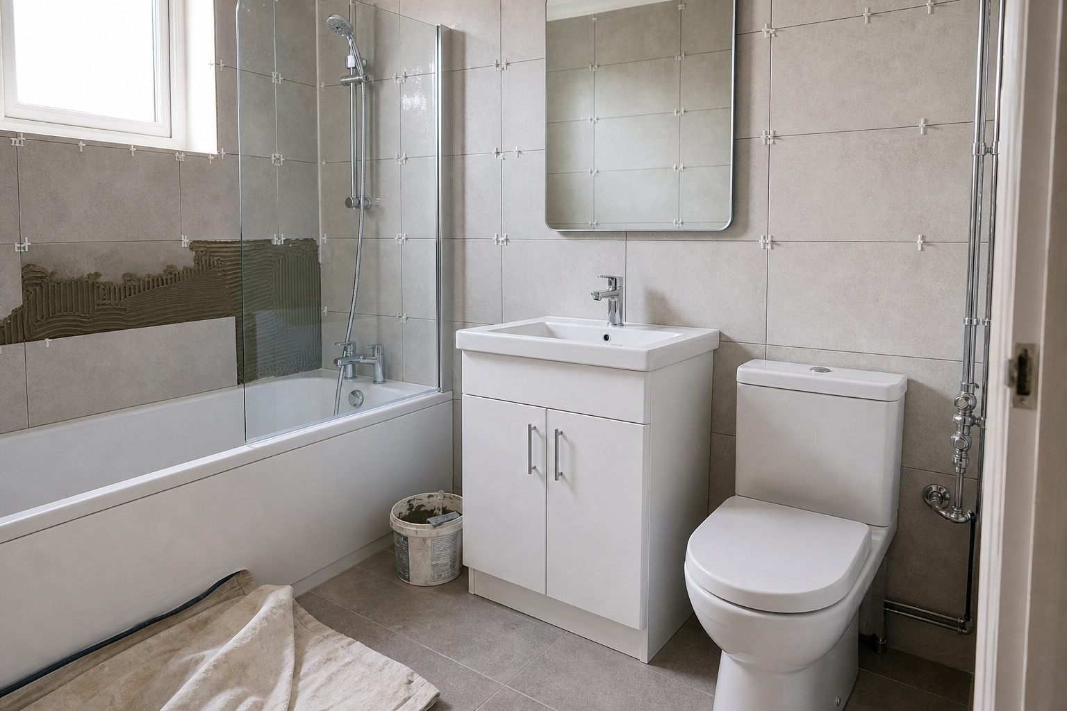 A small modern bathroom with a partially tiled wall, bath, sink unit, toilet, and tools for tiling work.
