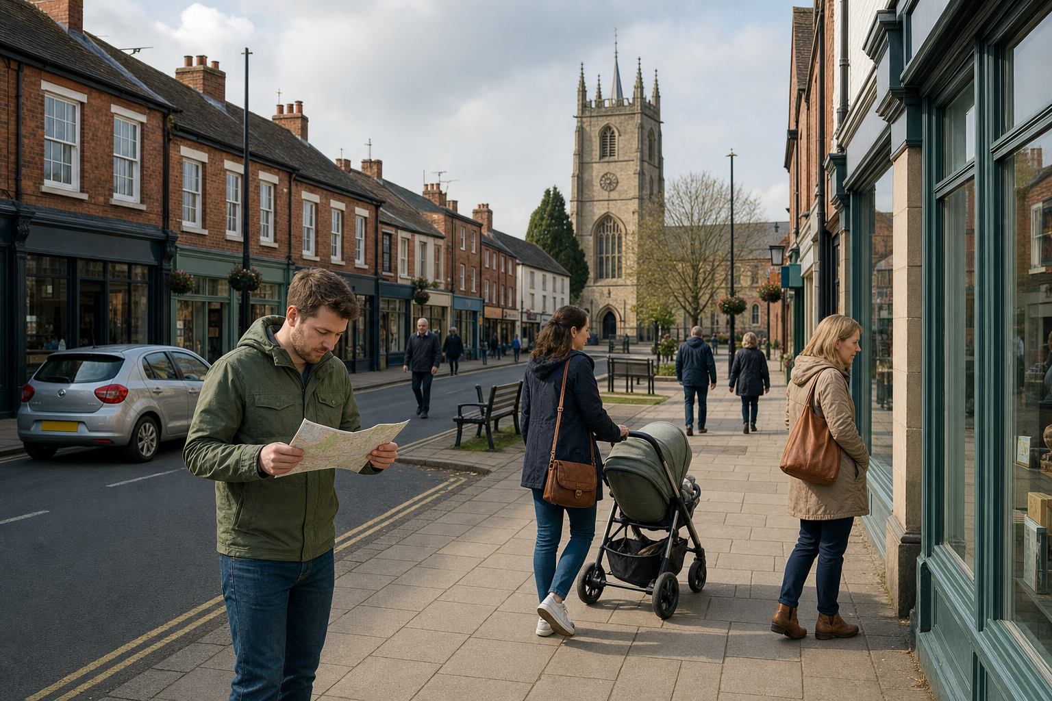 A man reads a map on a bustling British street with a historic church and pedestrians in the background.