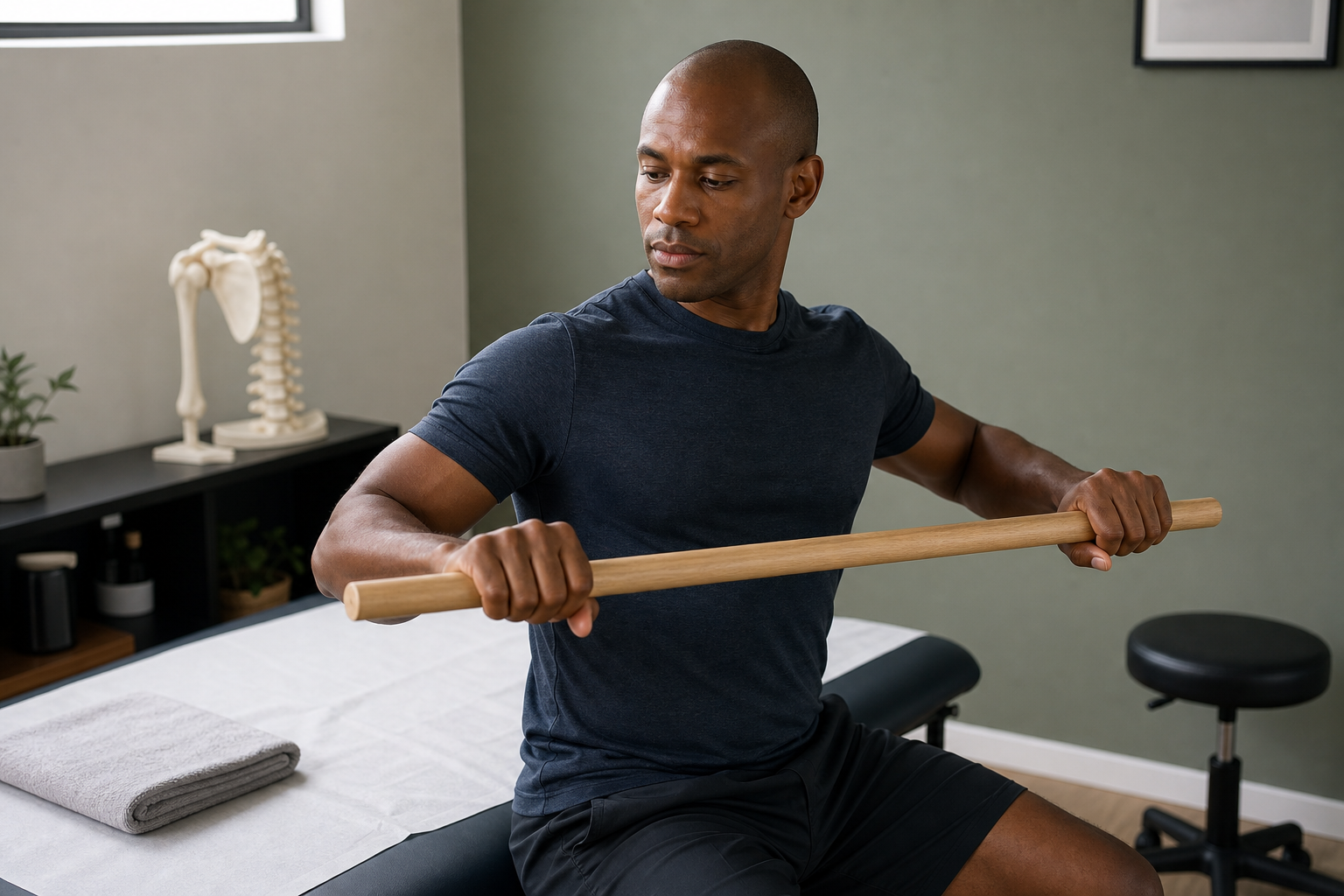 Man sitting on an examination table holding a wooden exercise stick in a physio clinic.
