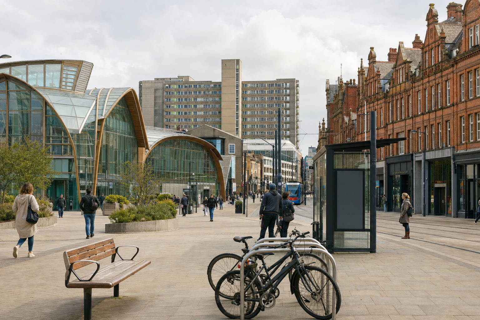 A modern urban street scene with a tram, bicycles parked, and people walking by contemporary and Victorian-style buildings.