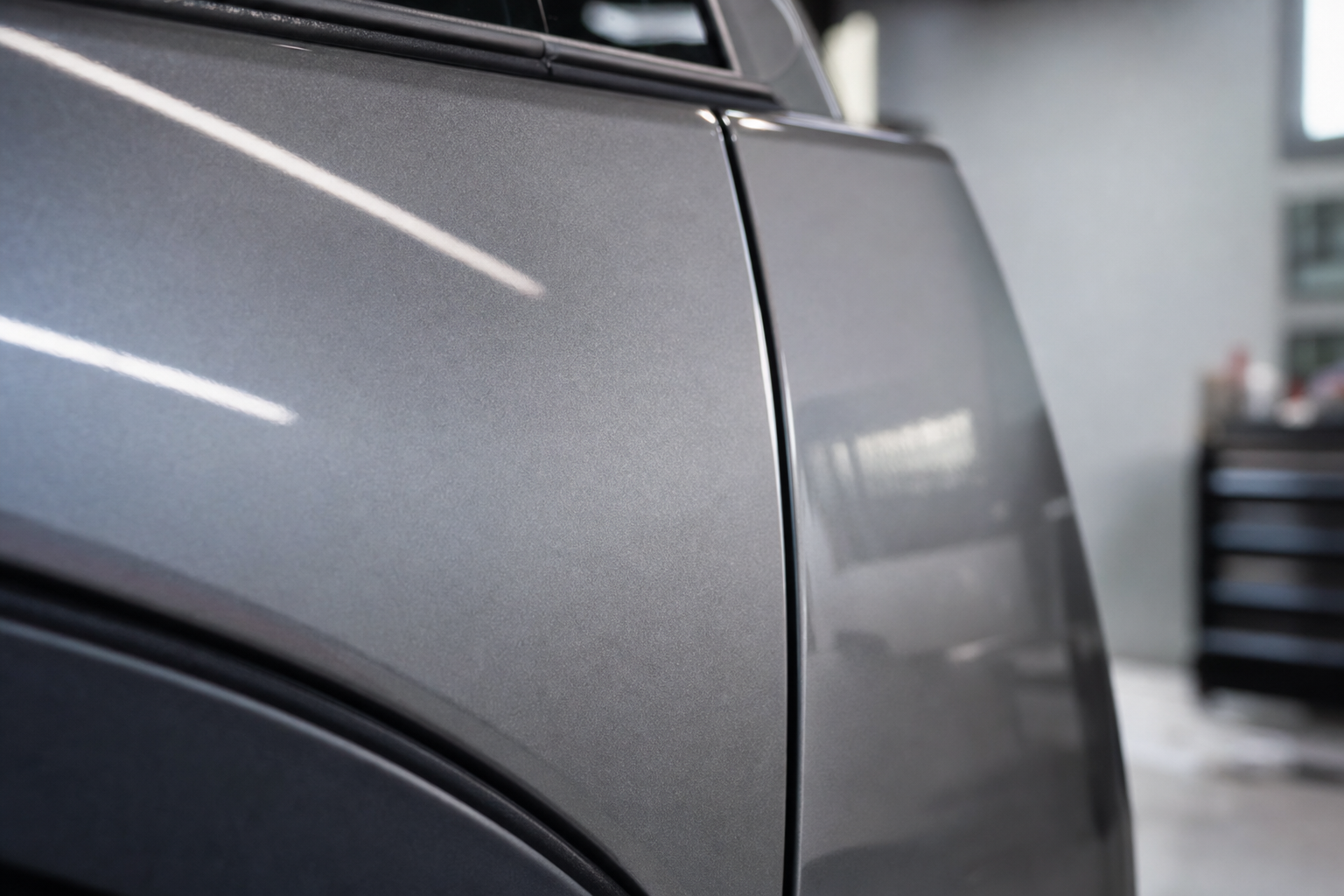 Close-up of a sleek, silver car door in a workshop setting.