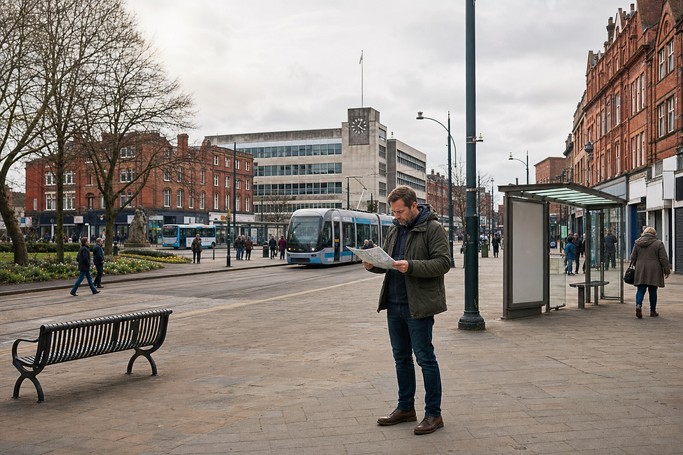 Man reading a map near a tram stop on a city street lined with red-brick buildings.