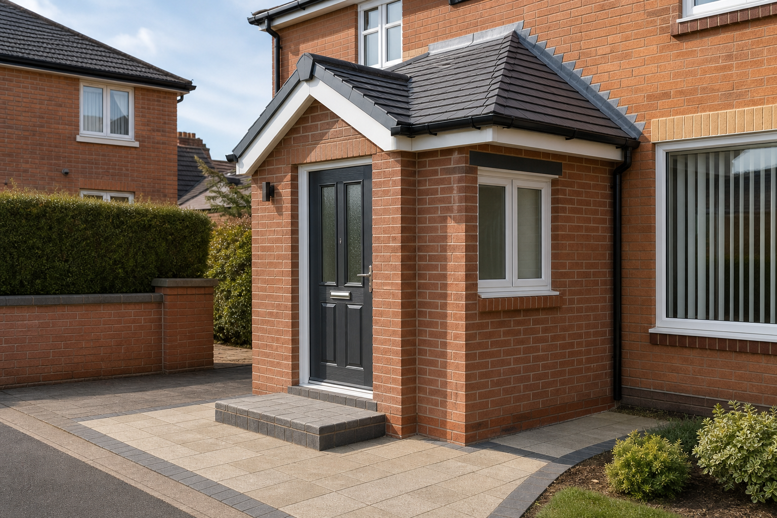 Brick house entrance with a black door, white trim, and a small front step, bordered by shrubs and a paved walkway.