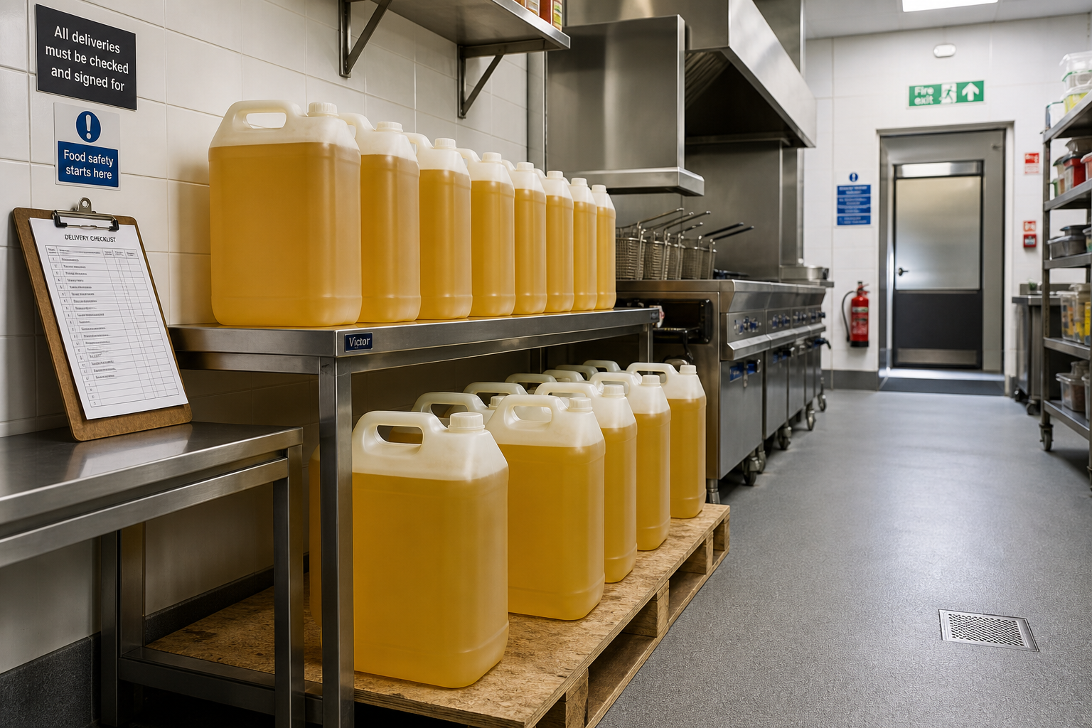 Commercial kitchen with large containers of cooking oil on shelves and a delivery checklist on a clipboard.