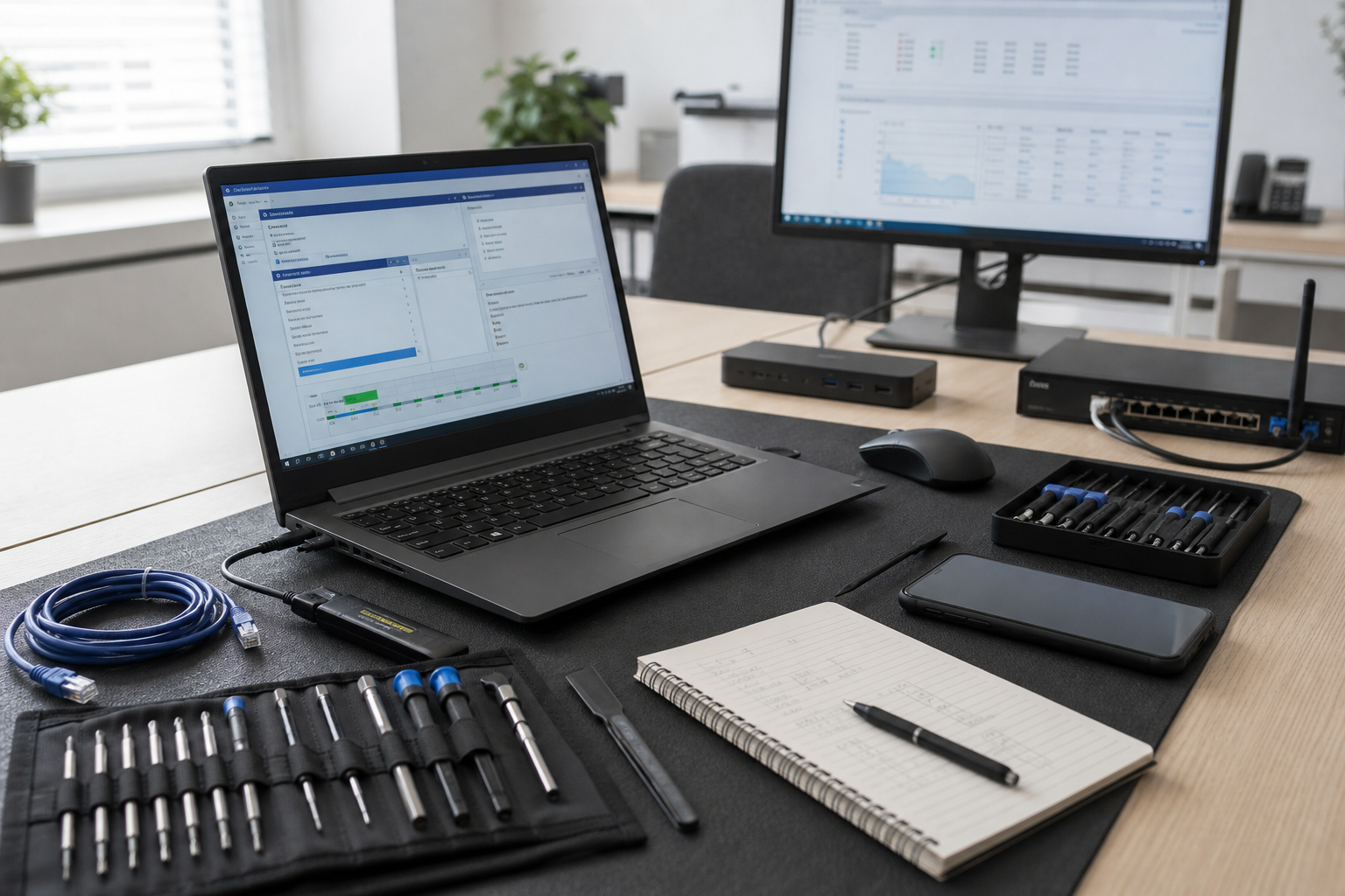 Workspace with a laptop, dual monitors, and various tools on a desk.