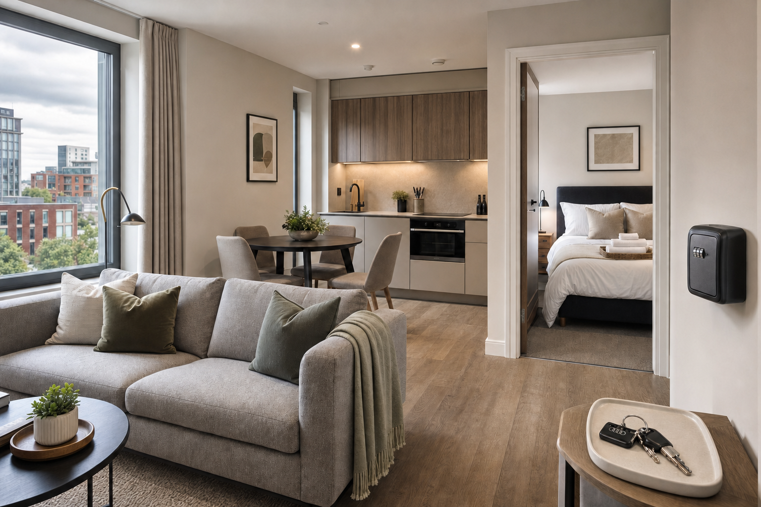 Modern open-plan flat with a cosy living area, compact kitchen, and a neatly arranged bedroom.