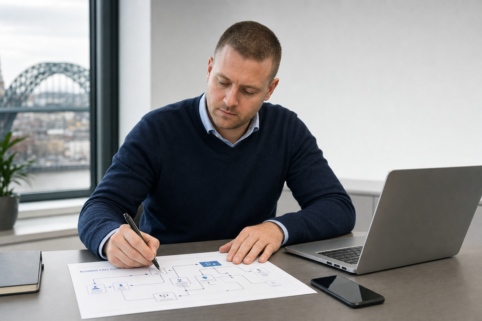 Man reviewing a flowchart at a desk with a laptop and smartphone, cityscape visible through the window.