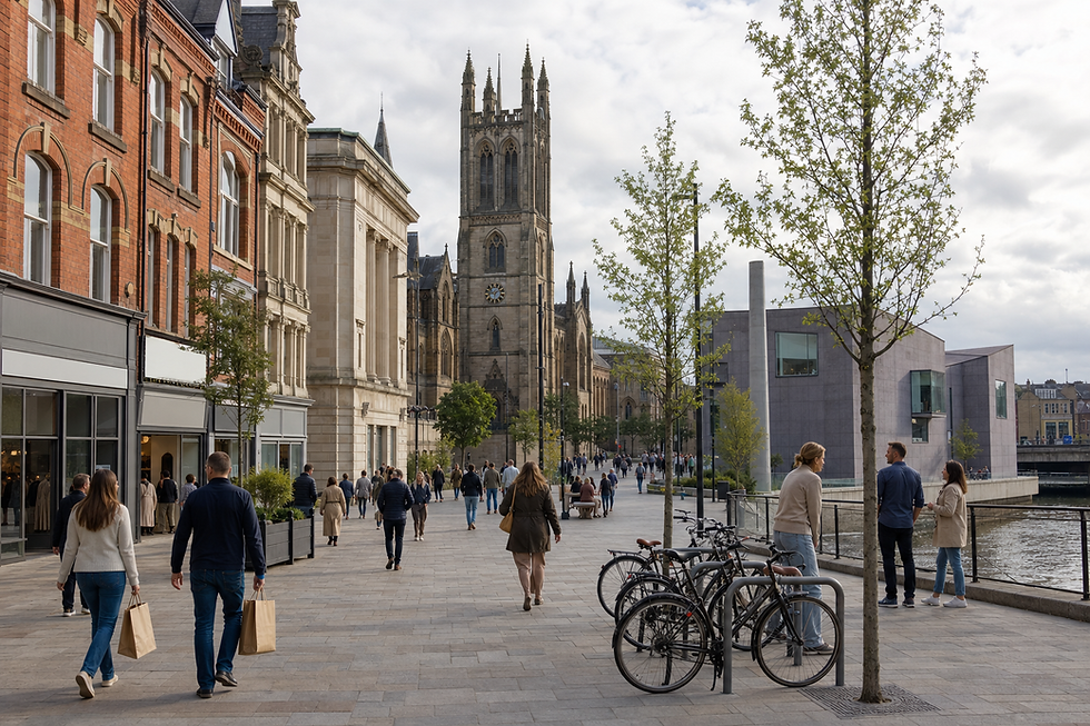 People stroll along a shopping street with historic buildings and a cathedral in the background.